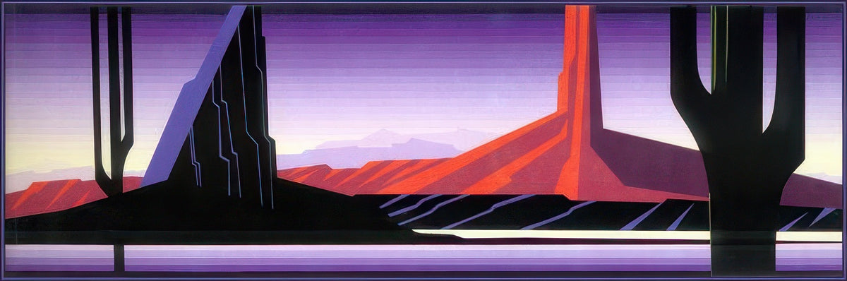 Eyvind Earle Beneath a Silent Sky (1992) artwork depicting silhouetted desert cacti, geometric red rock formations and a glowing purple-orange sky.